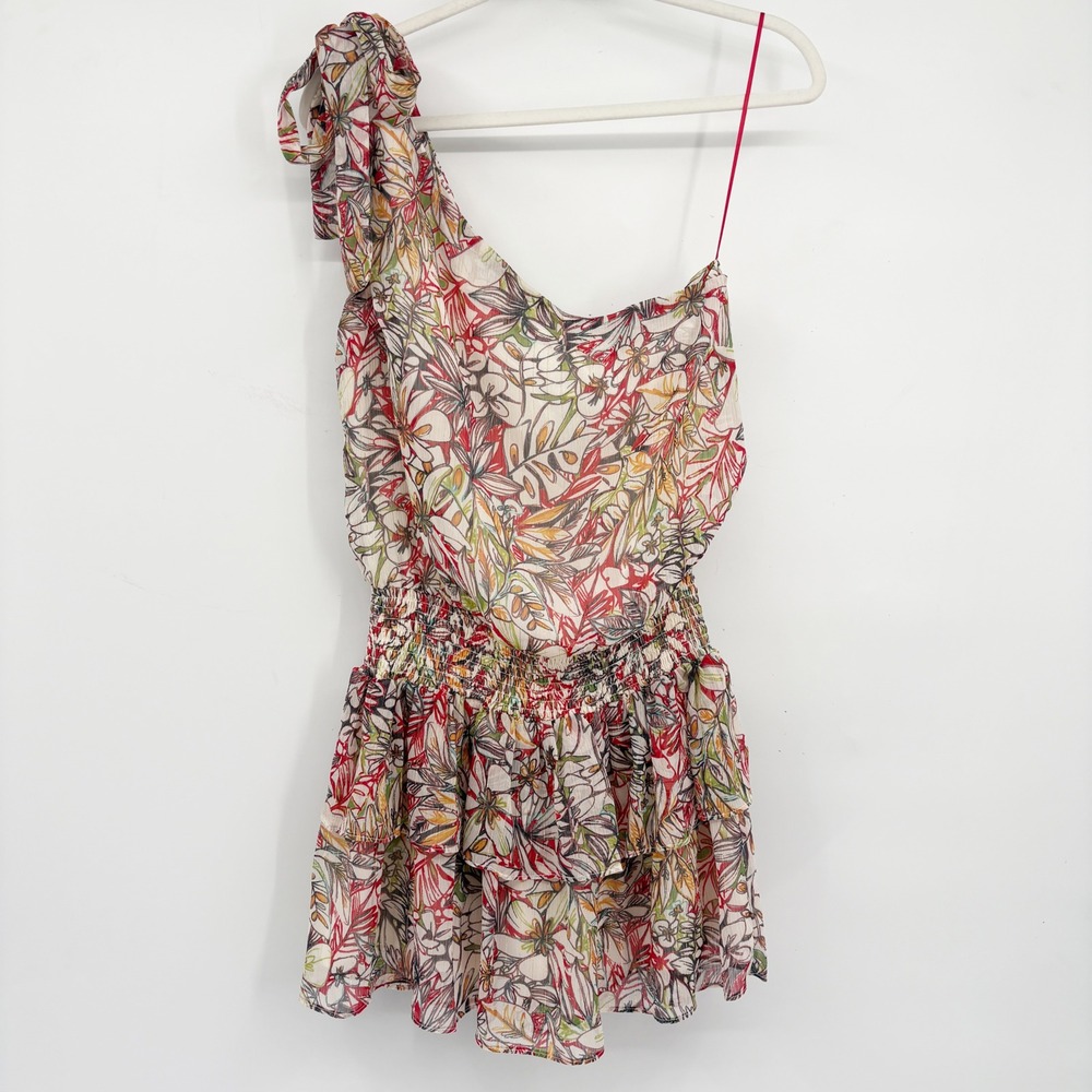 RESET Womens Roka Floral One Shoulder Smocked Boho‎ Mini Dress Ivy Red Size M